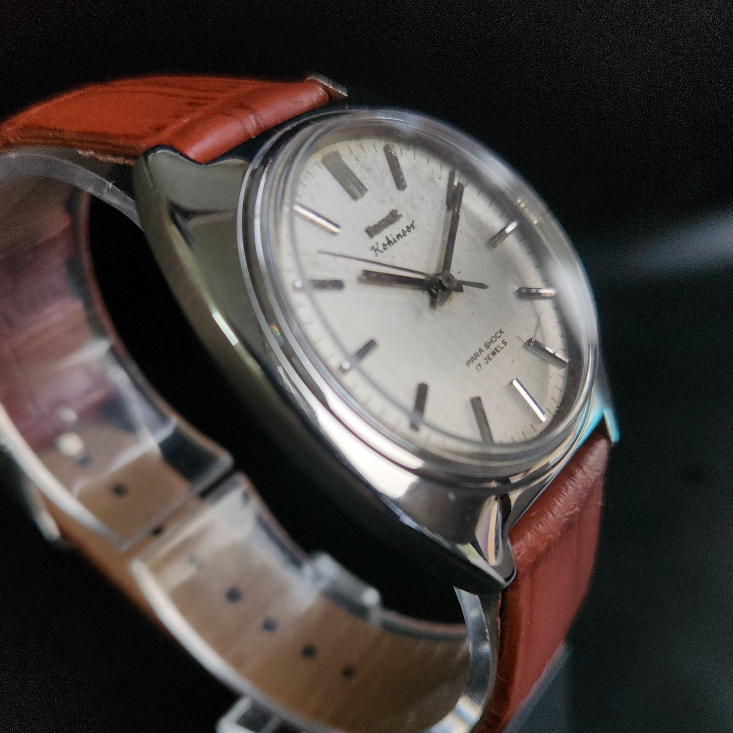 Vintage Original HMT Kohinoor Hand Winding 17 Jewels Silver Face Brown Croco Leather Strap Men's Wrist Watch S92