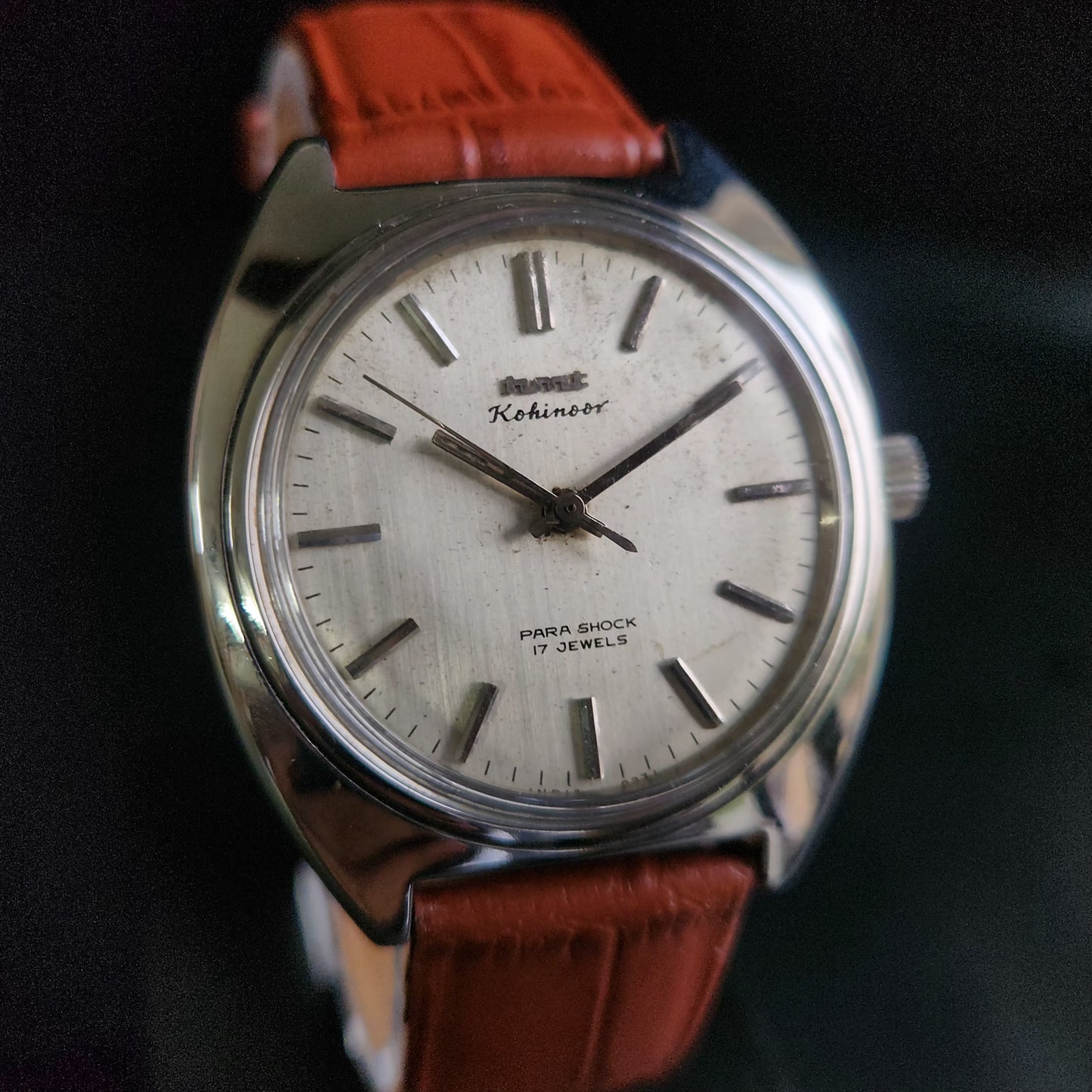 Vintage Original HMT Kohinoor Hand Winding 17 Jewels Silver Face Brown Croco Leather Strap Men's Wrist Watch S92