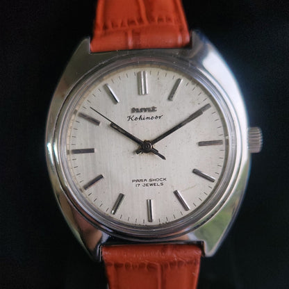 Vintage Original HMT Kohinoor Hand Winding 17 Jewels Silver Face Brown Croco Leather Strap Men's Wrist Watch S92