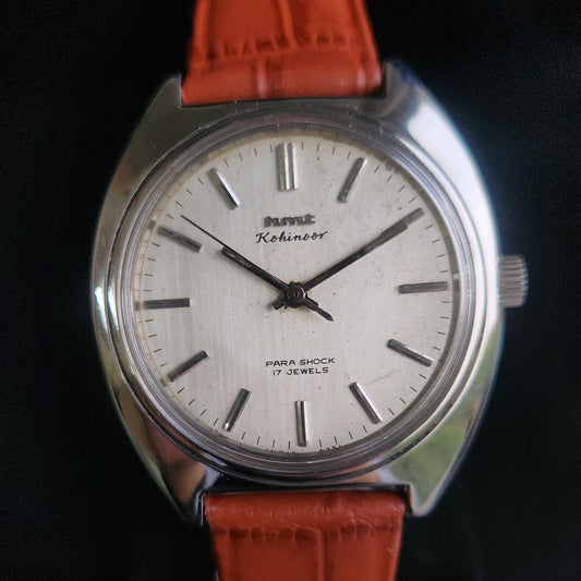Vintage Original HMT Kohinoor Hand Winding 17 Jewels Silver Face Brown Croco Leather Strap Men's Wrist Watch S92