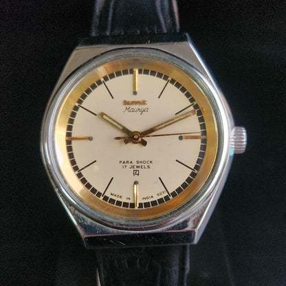 Vintage Original HMT Maurya Hand Winding 17 Jewels Golden Face Black Croco Leather Strap Men's Wrist Watch S93