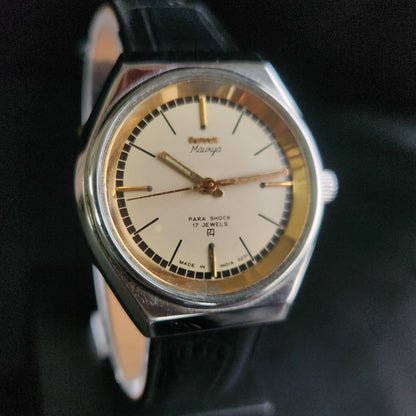 Vintage Original HMT Maurya Hand Winding 17 Jewels Golden Face Black Croco Leather Strap Men's Wrist Watch S93