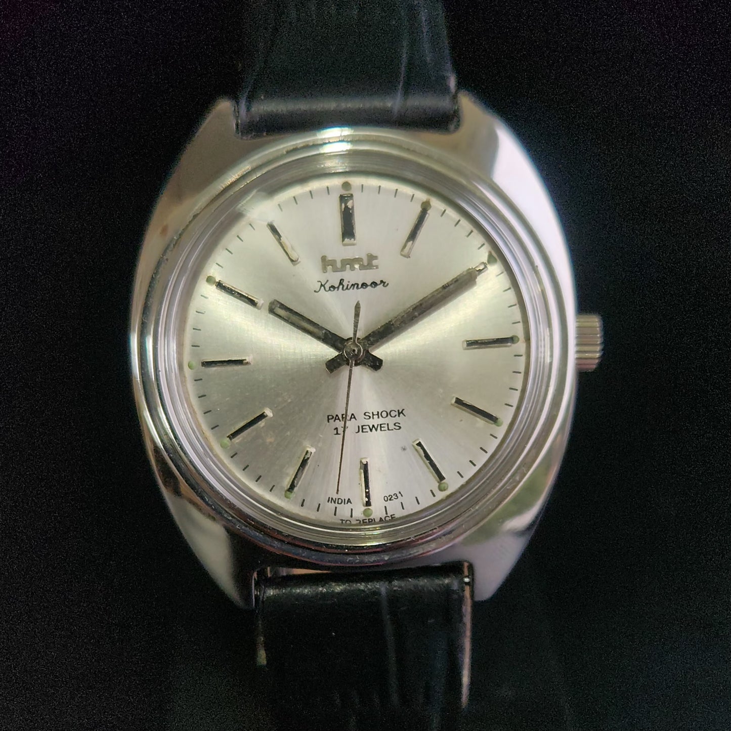 Vintage Original HMT Kohinoor Hand Winding 17 Jewels Silver Face Black Croco Leather Strap Men's Wrist Watch S96