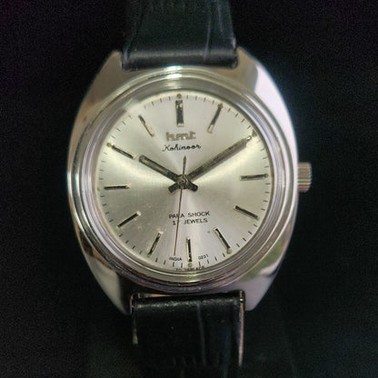 Vintage Original HMT Kohinoor Hand Winding 17 Jewels Silver Face Black Croco Leather Strap Men's Wrist Watch S96