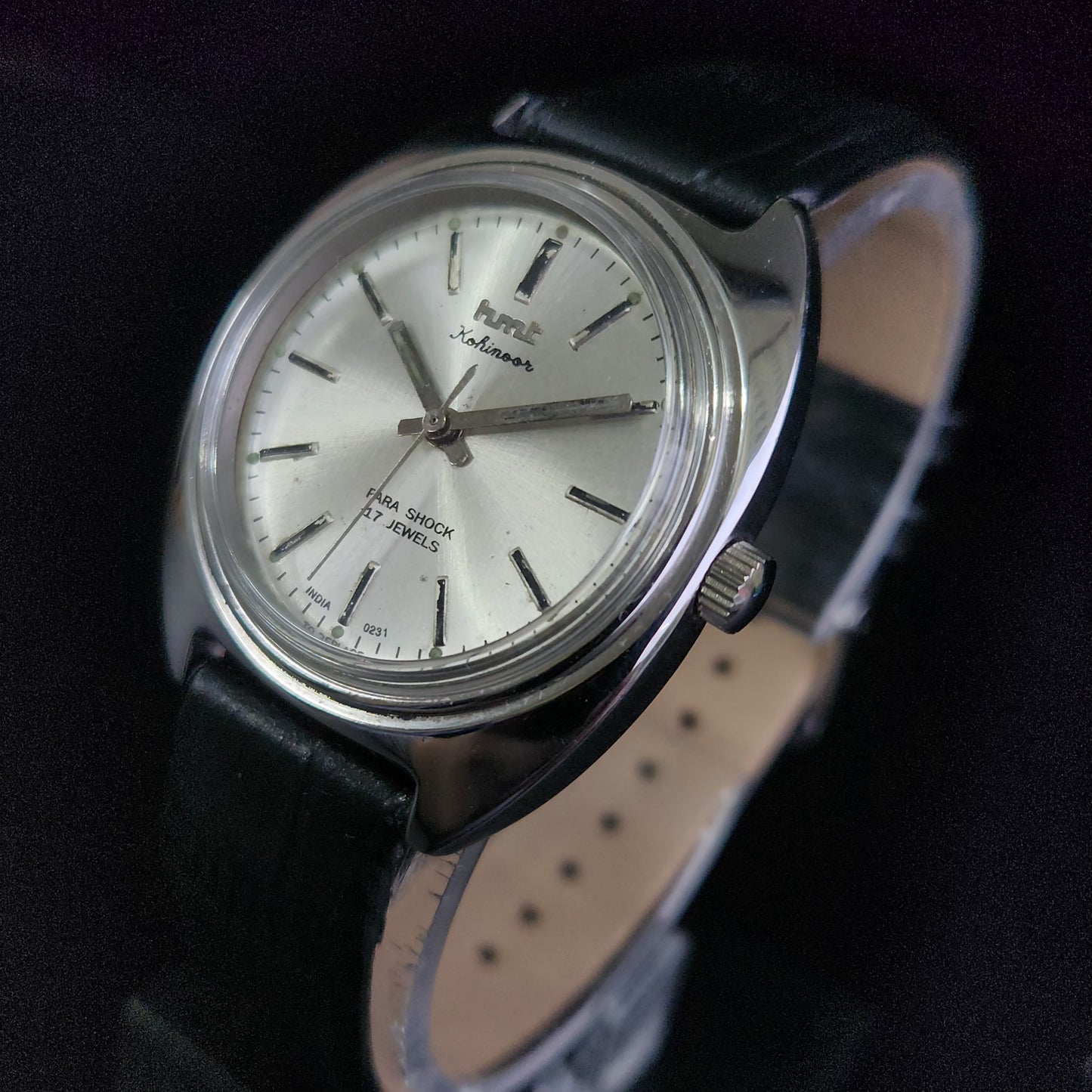 Vintage Original HMT Kohinoor Hand Winding 17 Jewels Silver Face Black Croco Leather Strap Men's Wrist Watch S96