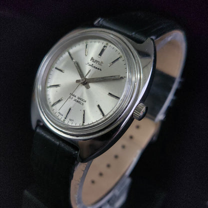 Vintage Original HMT Kohinoor Hand Winding 17 Jewels Silver Face Black Croco Leather Strap Men's Wrist Watch S96