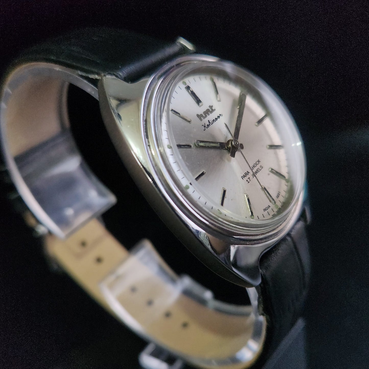 Vintage Original HMT Kohinoor Hand Winding 17 Jewels Silver Face Black Croco Leather Strap Men's Wrist Watch S96