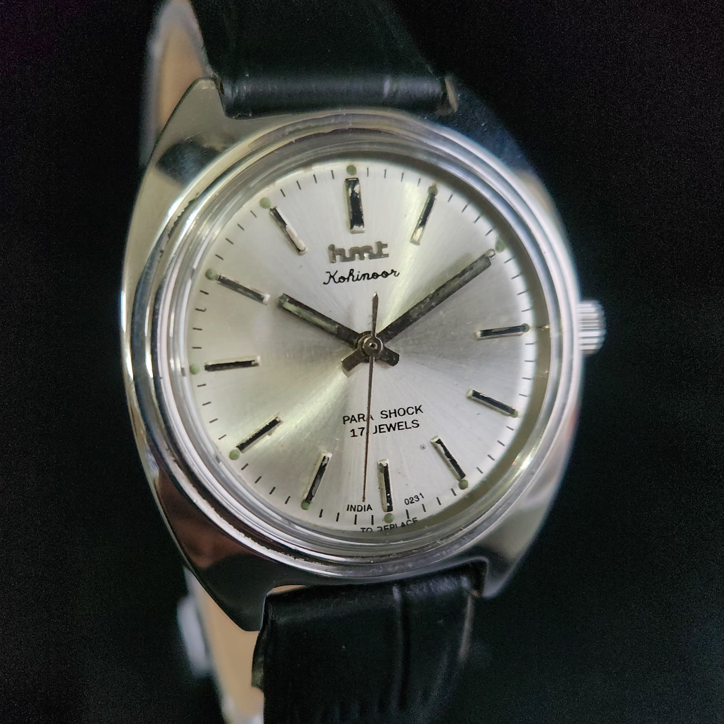 Vintage Original HMT Kohinoor Hand Winding 17 Jewels Silver Face Black Croco Leather Strap Men's Wrist Watch S96