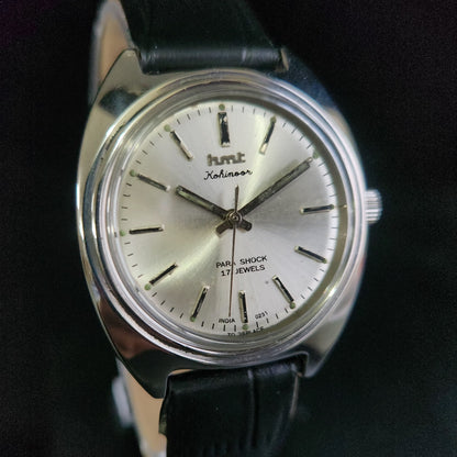 Vintage Original HMT Kohinoor Hand Winding 17 Jewels Silver Face Black Croco Leather Strap Men's Wrist Watch S96