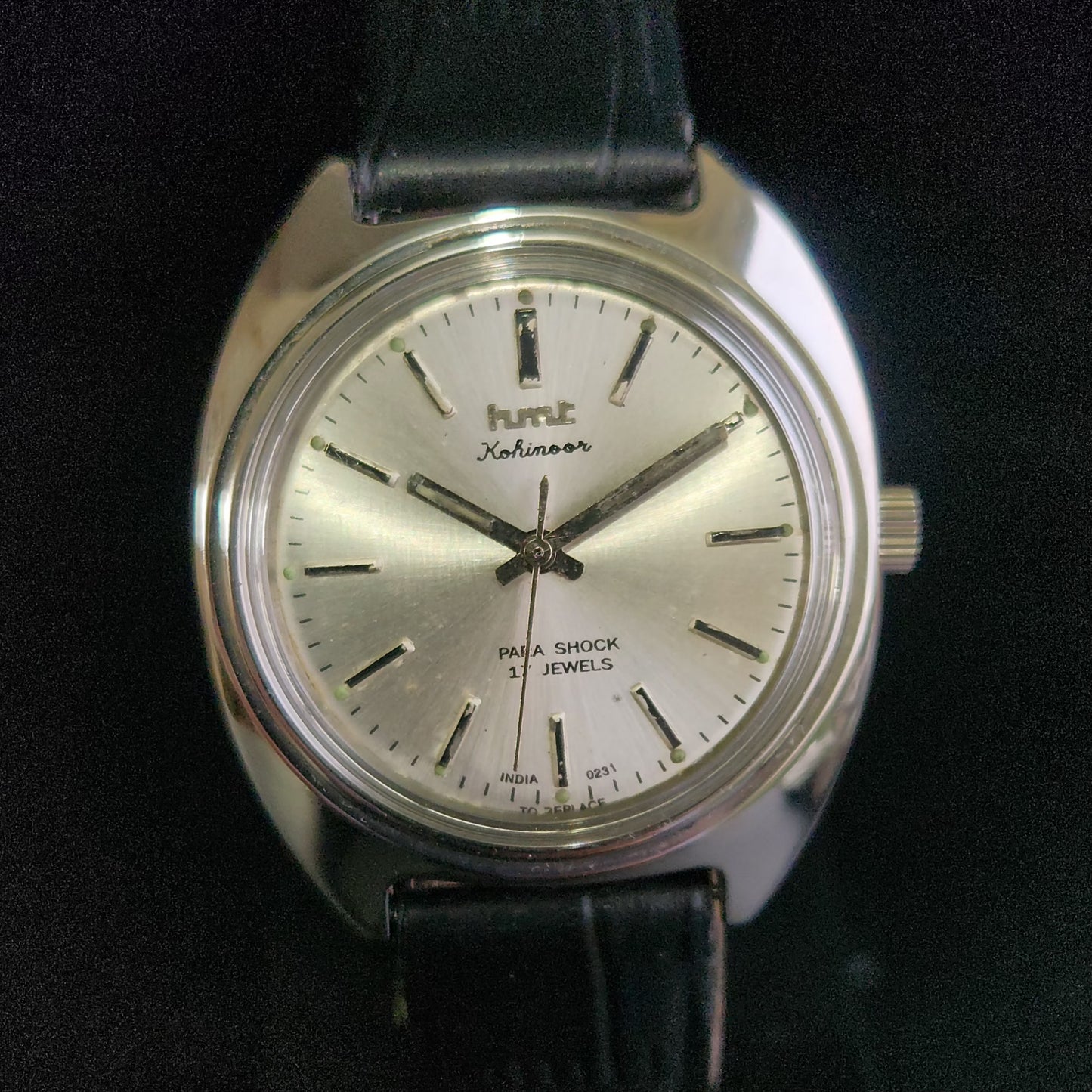 Vintage Original HMT Kohinoor Hand Winding 17 Jewels Silver Face Black Croco Leather Strap Men's Wrist Watch S96