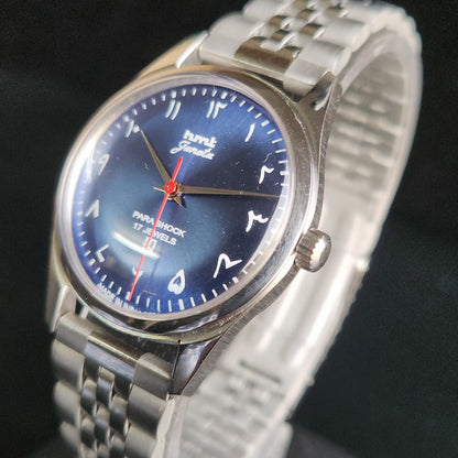 Vintage Mod HMT Janata Arabic/Urdu Hand Winding 17 Jewels Blue Face Jubliee bracelet Men's Wrist Watch S102