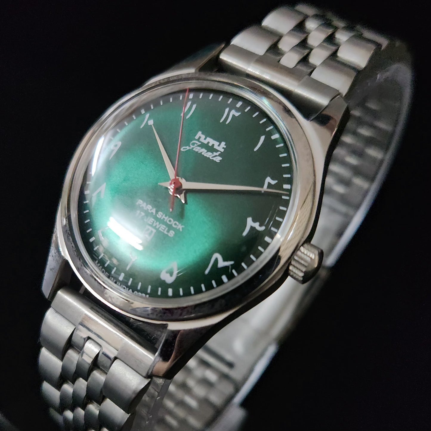 Vintage MOD HMT Janata Arabic/Urdu Hand Winding 17 Jewels Green Face Jubliee Bracelet Men's Wrist Watch S106