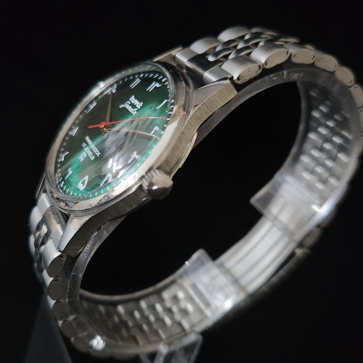Vintage MOD HMT Janata Arabic/Urdu Hand Winding 17 Jewels Green Face Jubliee Bracelet Men's Wrist Watch S106