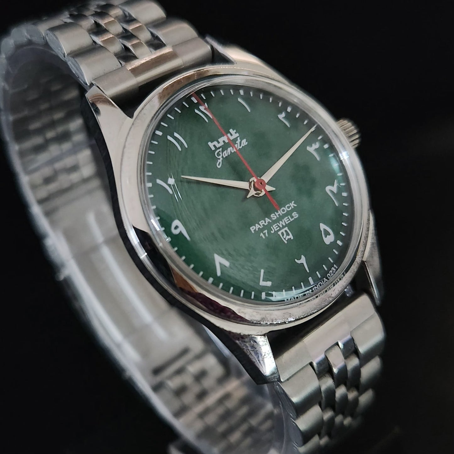 Vintage MOD HMT Janata Arabic/Urdu Hand Winding 17 Jewels Green Face Jubliee Bracelet Men's Wrist Watch S106