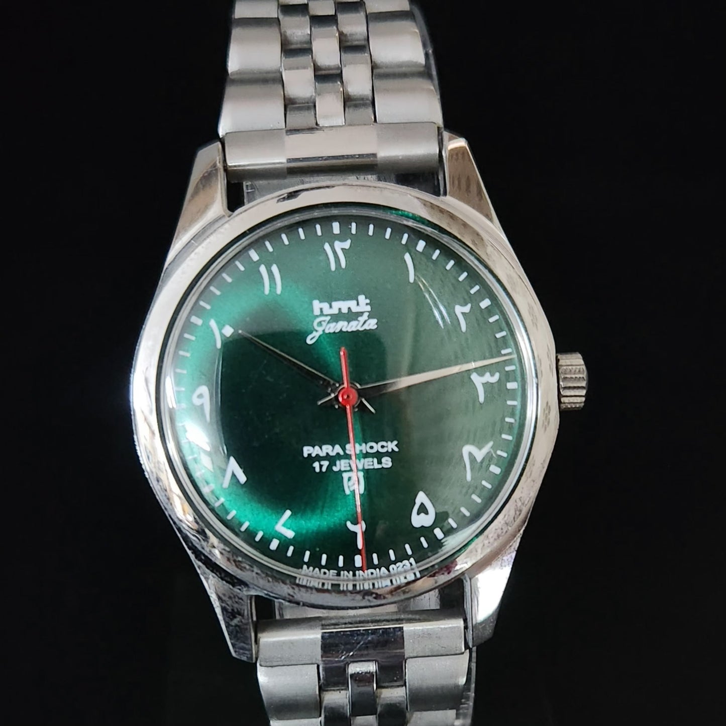 Vintage MOD HMT Janata Arabic/Urdu Hand Winding 17 Jewels Green Face Jubliee Bracelet Men's Wrist Watch S106