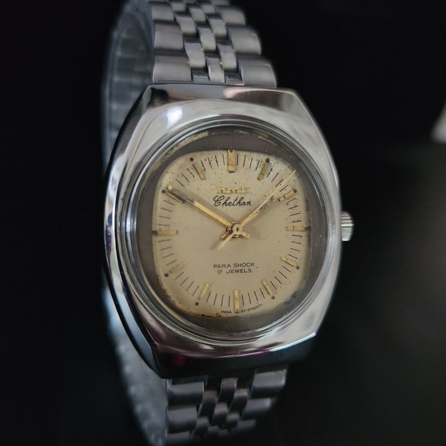 Vintage Original HMT Chethan Hand Winding 17 Jewels Gold Face Jubliee Bracelet Men's Wrist Watch S99