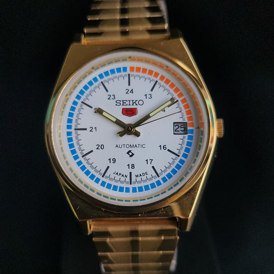 Vintage MOD Seiko 5 Gold Plated Automatic 17 Jewels Cal. 6309 White Face Men's Wrist Watch S34