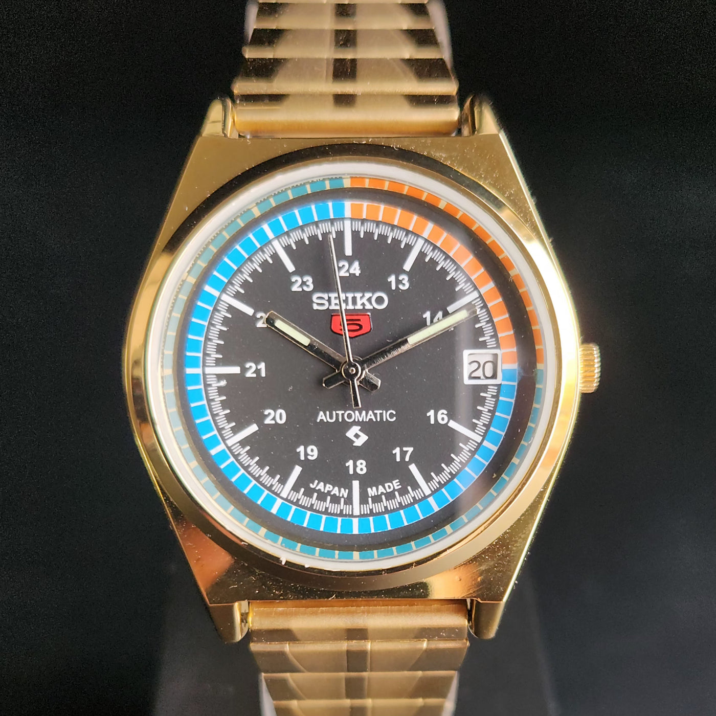 Vintage MOD Seiko 5 Gold Plated Automatic 17 Jewels Cal. 6309 Black Face Men's Wrist Watch S142