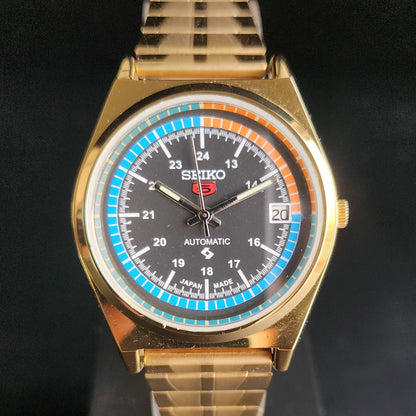 Vintage MOD Seiko 5 Gold Plated Automatic 17 Jewels Cal. 6309 Black Face Men's Wrist Watch S142