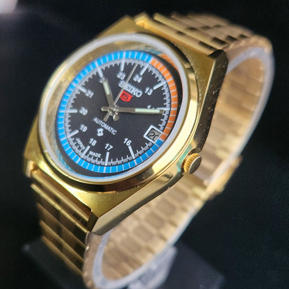 Vintage MOD Seiko 5 Gold Plated Automatic 17 Jewels Cal. 6309 Black Face Men's Wrist Watch S142