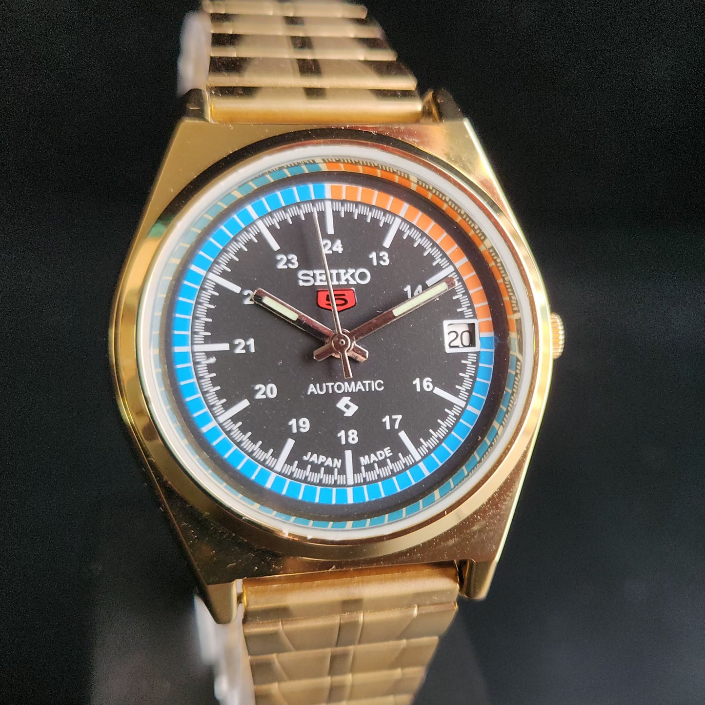 Vintage MOD Seiko 5 Gold Plated Automatic 17 Jewels Cal. 6309 Black Face Men's Wrist Watch S142