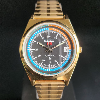 Vintage MOD Seiko 5 Gold Plated Automatic 17 Jewels Cal. 6309 Black Face Men's Wrist Watch S142