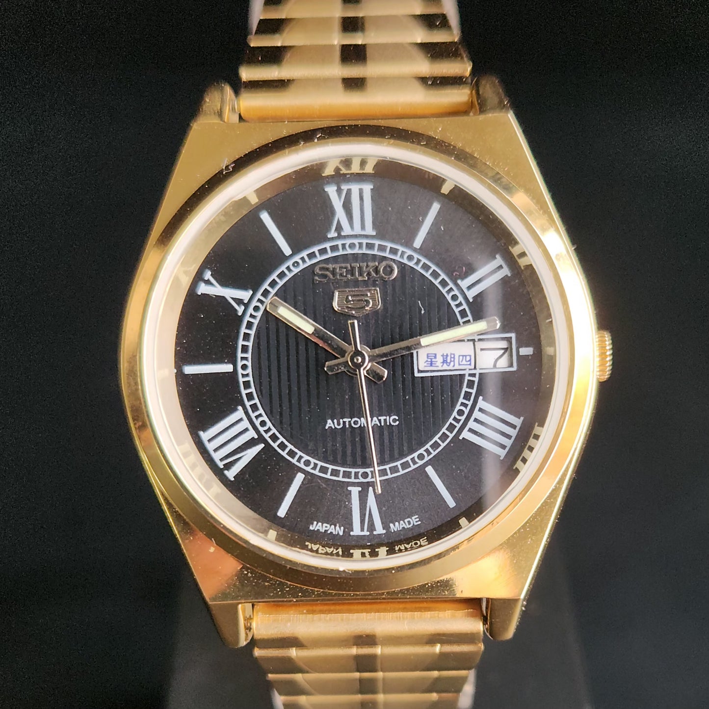 Vintage MOD Seiko 5 Gold Plated Automatic 17 Jewels Cal. 6309 Black Face Men's Wrist Watch S141