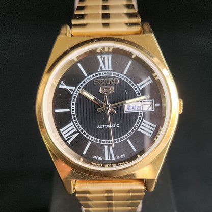 Vintage MOD Seiko 5 Gold Plated Automatic 17 Jewels Cal. 6309 Black Face Men's Wrist Watch S141