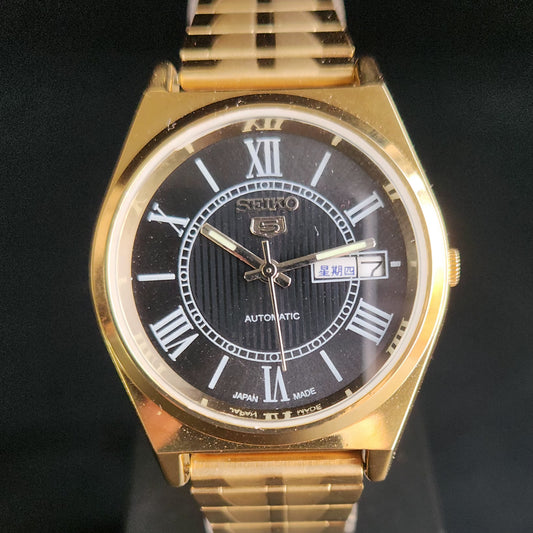 Vintage MOD Seiko 5 Gold Plated Automatic 17 Jewels Cal. 6309 Black Face Men's Wrist Watch S141