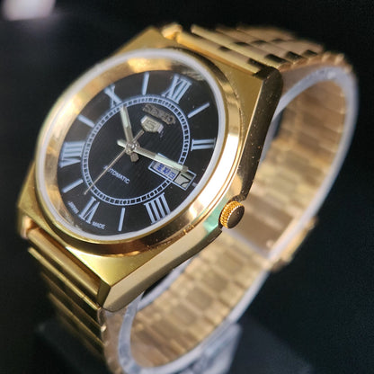 Vintage MOD Seiko 5 Gold Plated Automatic 17 Jewels Cal. 6309 Black Face Men's Wrist Watch S141