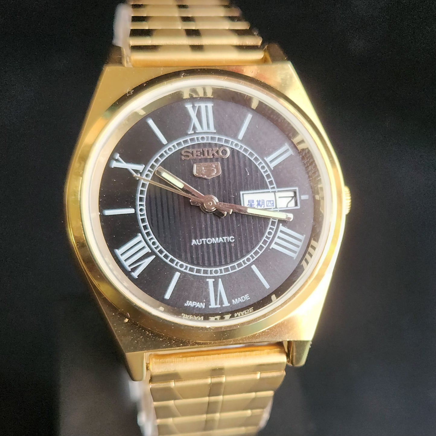 Vintage MOD Seiko 5 Gold Plated Automatic 17 Jewels Cal. 6309 Black Face Men's Wrist Watch S141