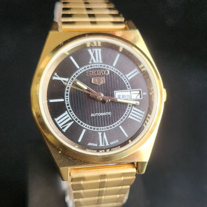 Vintage MOD Seiko 5 Gold Plated Automatic 17 Jewels Cal. 6309 Black Face Men's Wrist Watch S141