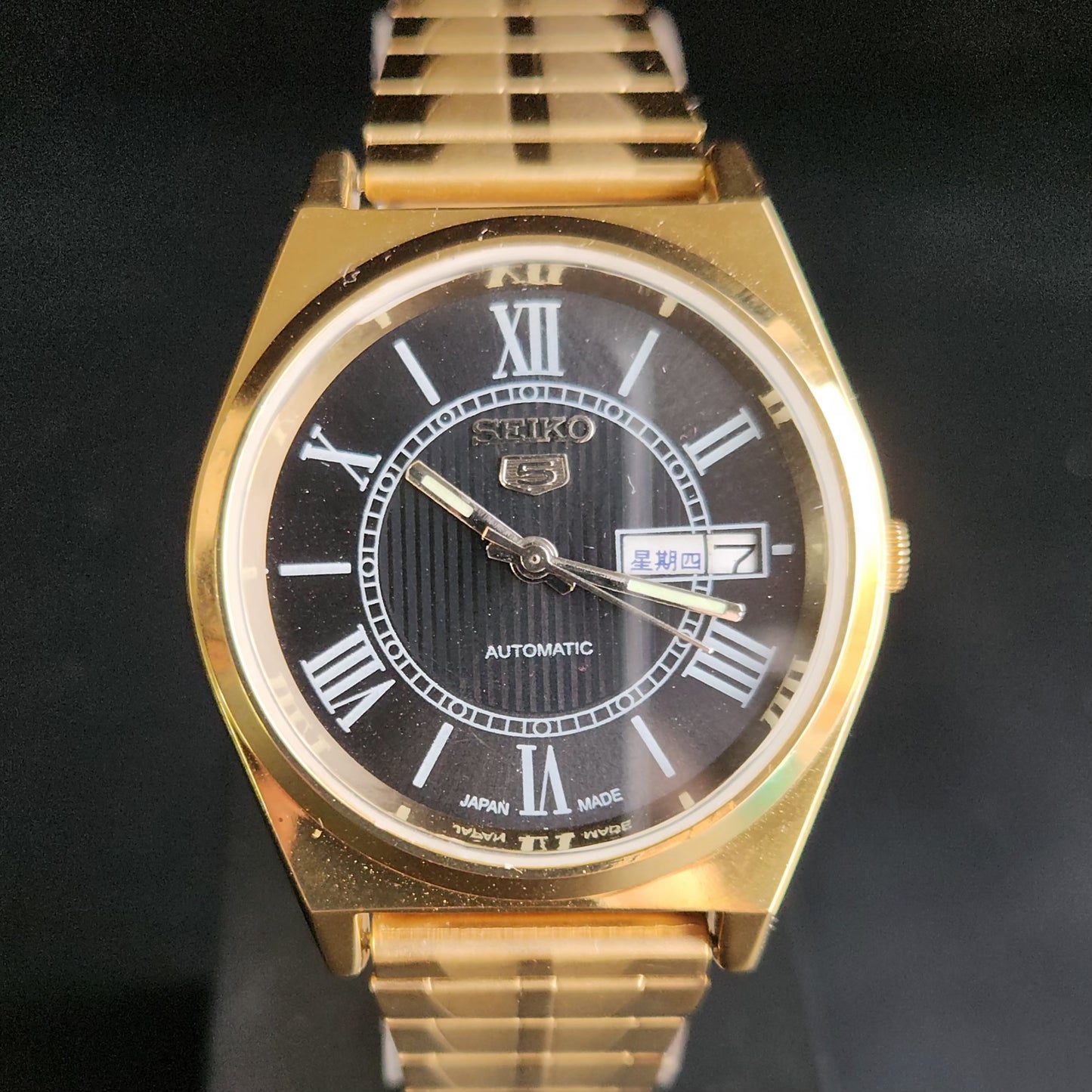 Vintage MOD Seiko 5 Gold Plated Automatic 17 Jewels Cal. 6309 Black Face Men's Wrist Watch S141