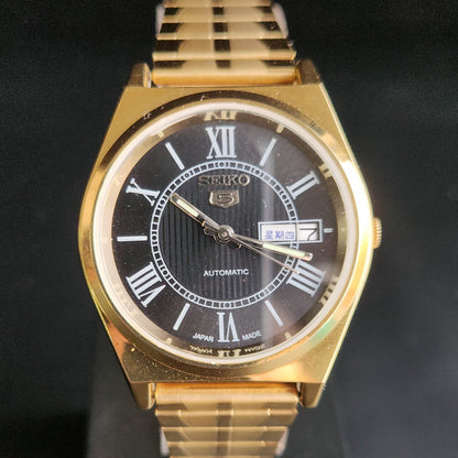 Vintage MOD Seiko 5 Gold Plated Automatic 17 Jewels Cal. 6309 Black Face Men's Wrist Watch S141