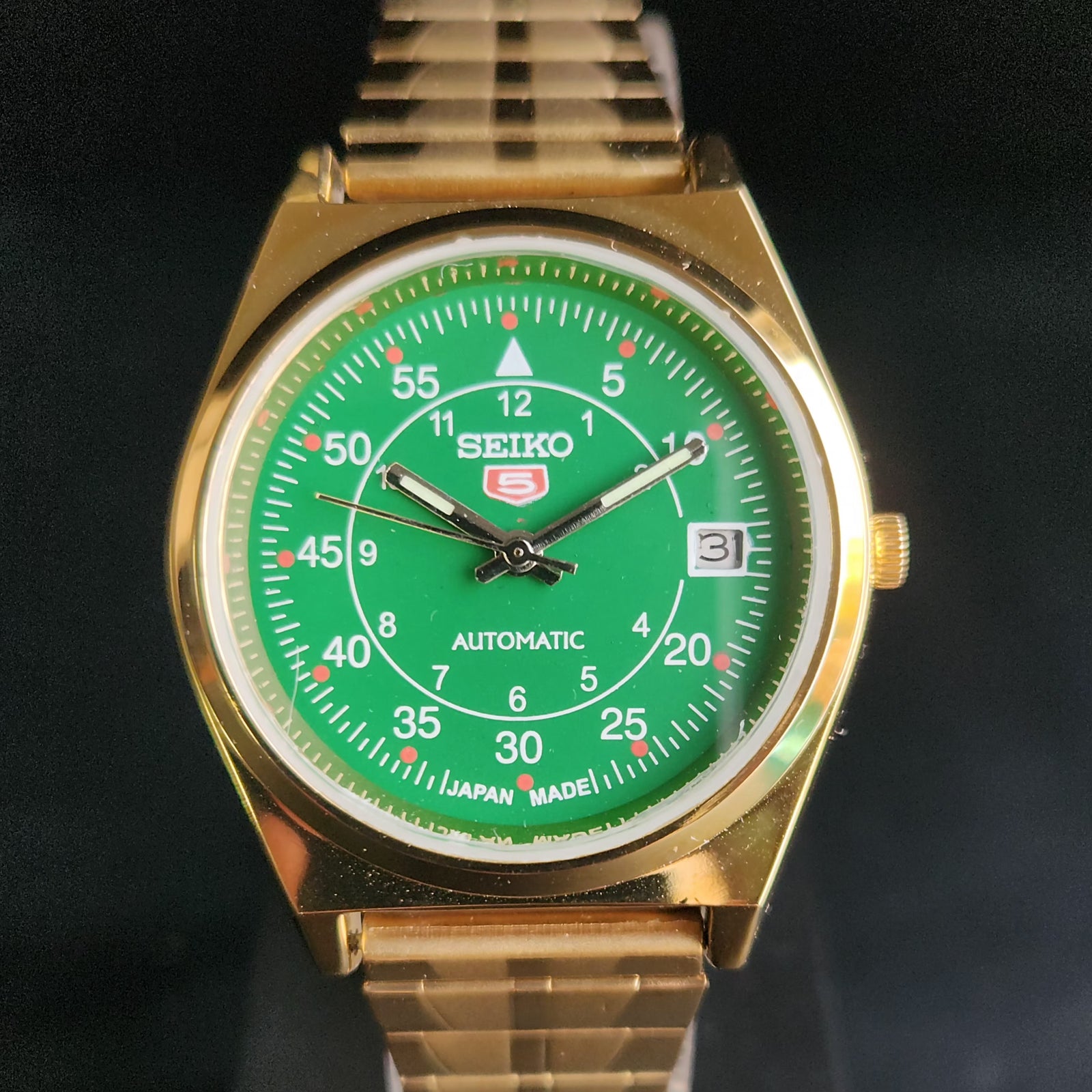 Vintage MOD Seiko 5 Gold Plated Automatic 17 Jewels Cal. 6309 Green Face Men's Wrist Watch S132