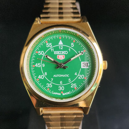 Vintage MOD Seiko 5 Gold Plated Automatic 17 Jewels Cal. 6309 Green Face Men's Wrist Watch S132