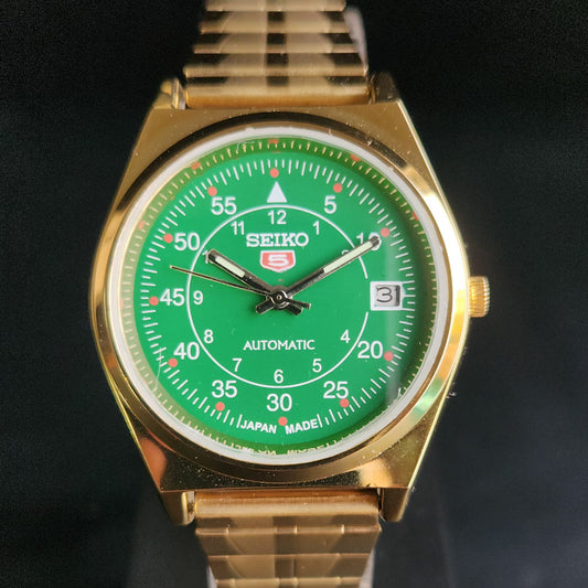 Vintage MOD Seiko 5 Gold Plated Automatic 17 Jewels Cal. 6309 Green Face Men's Wrist Watch S132
