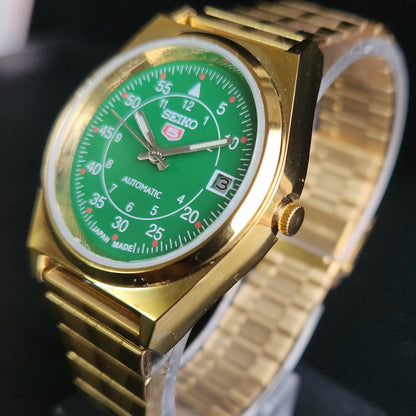 Vintage MOD Seiko 5 Gold Plated Automatic 17 Jewels Cal. 6309 Green Face Men's Wrist Watch S132