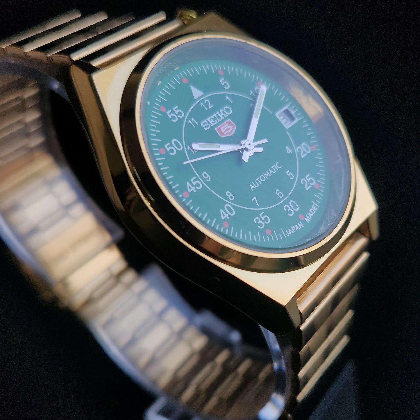 Vintage MOD Seiko 5 Gold Plated Automatic 17 Jewels Cal. 6309 Green Face Men's Wrist Watch S132