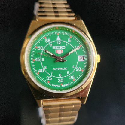 Vintage MOD Seiko 5 Gold Plated Automatic 17 Jewels Cal. 6309 Green Face Men's Wrist Watch S132
