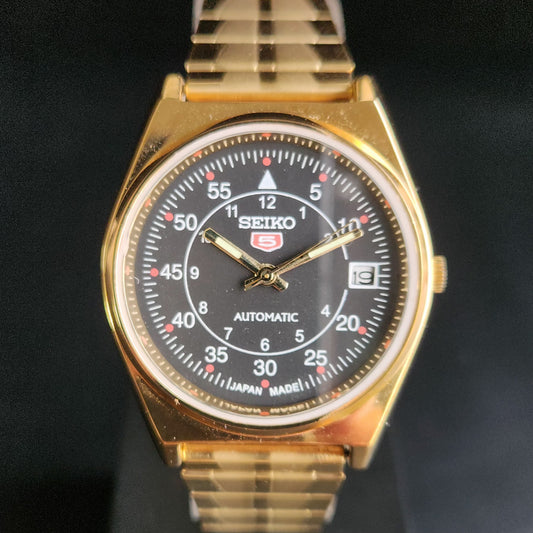 Vintage MOD Seiko 5 Gold Plated Automatic 17 Jewels Cal. 6309 Black Face Men's Wrist Watch S136