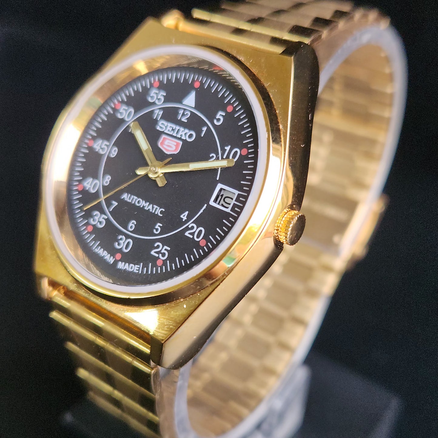 Vintage MOD Seiko 5 Gold Plated Automatic 17 Jewels Cal. 6309 Black Face Men's Wrist Watch S136