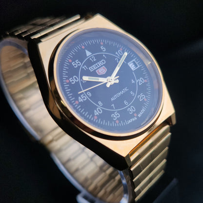 Vintage MOD Seiko 5 Gold Plated Automatic 17 Jewels Cal. 6309 Black Face Men's Wrist Watch S136