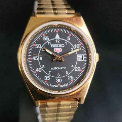 Vintage MOD Seiko 5 Gold Plated Automatic 17 Jewels Cal. 6309 Black Face Men's Wrist Watch S136