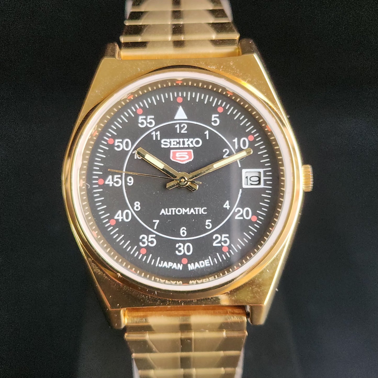 Vintage MOD Seiko 5 Gold Plated Automatic 17 Jewels Cal. 6309 Black Face Men's Wrist Watch S136