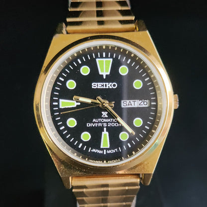 Vintage MOD Seiko 5 Gold Plated Automatic 17 Jewels Cal. 6309 Black Face Men's Wrist Watch S139