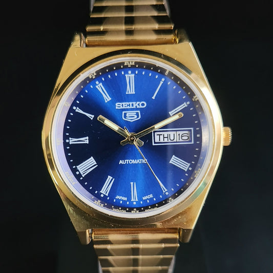 Vintage MOD Seiko 5 Gold Plated Automatic 17 Jewels Cal. 6319 Blue Face Men's Wrist Watch S133