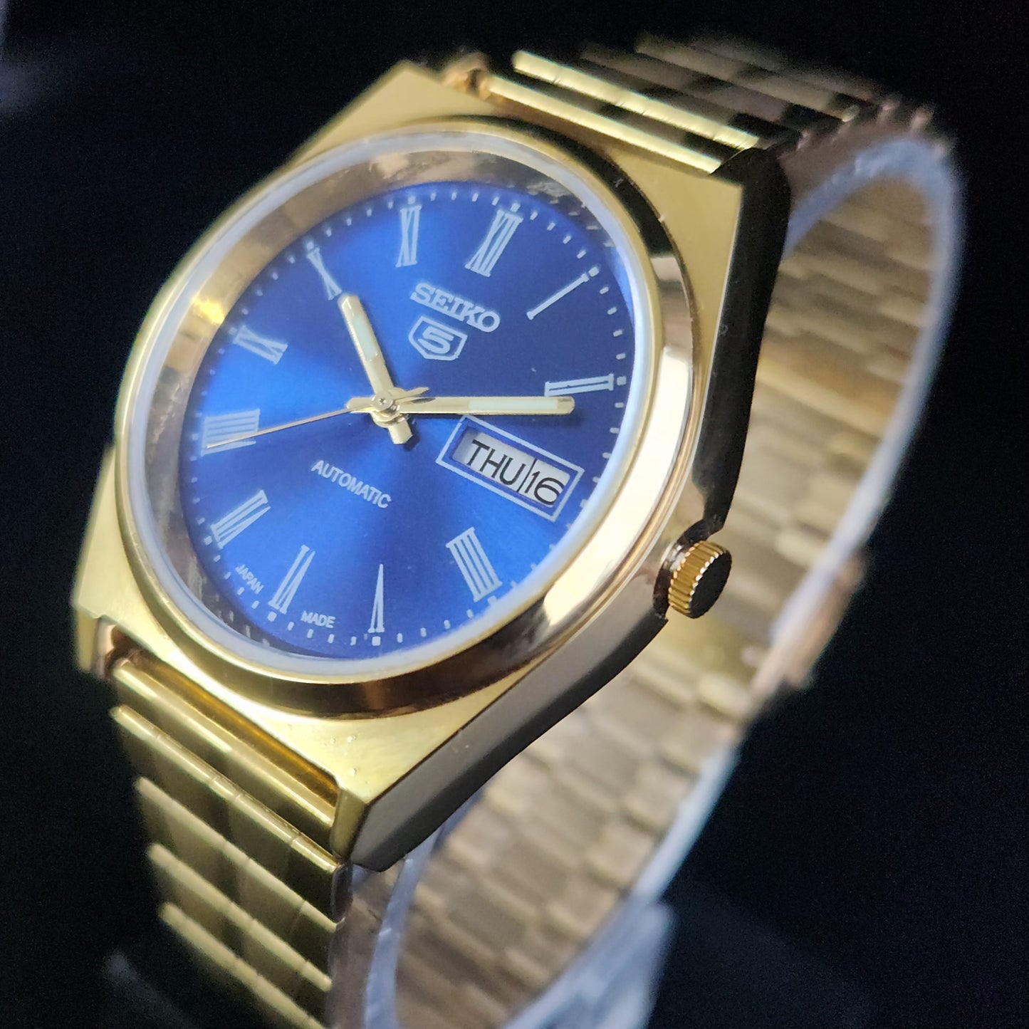 Vintage MOD Seiko 5 Gold Plated Automatic 17 Jewels Cal. 6319 Blue Face Men's Wrist Watch S133