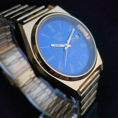 Vintage MOD Seiko 5 Gold Plated Automatic 17 Jewels Cal. 6319 Blue Face Men's Wrist Watch S133