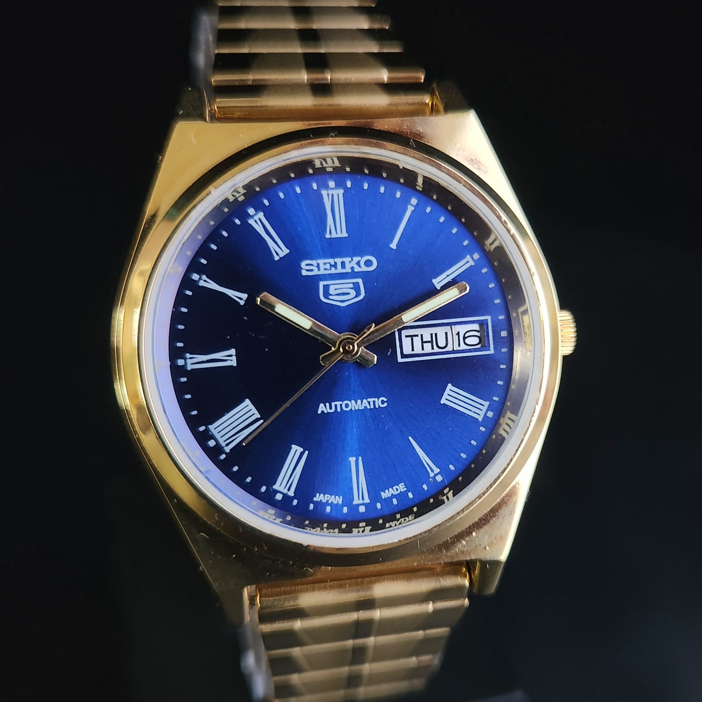 Vintage MOD Seiko 5 Gold Plated Automatic 17 Jewels Cal. 6319 Blue Face Men's Wrist Watch S133
